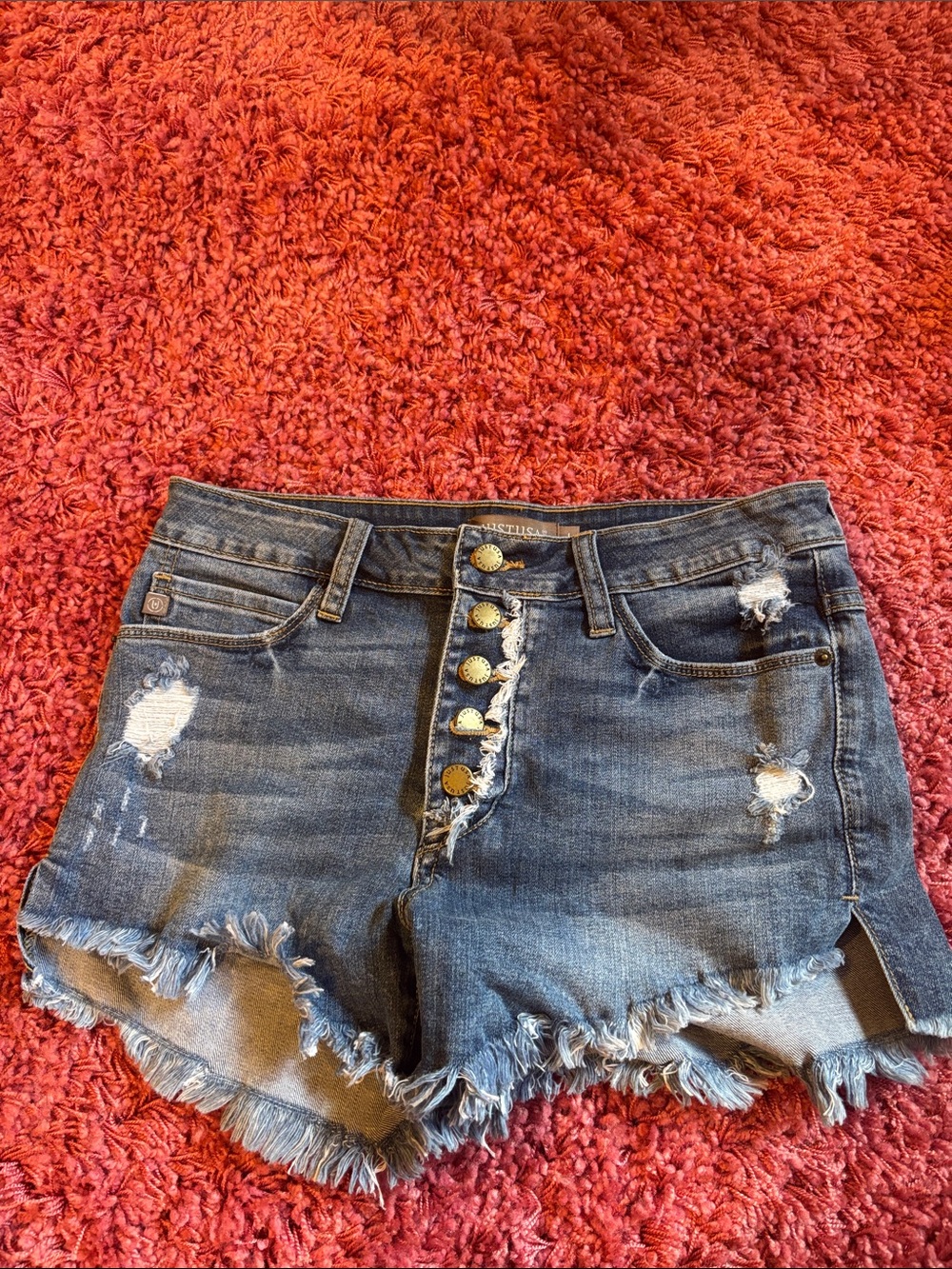 Just USA Distressed Dark Blue Button-Fly Denim Shorts
